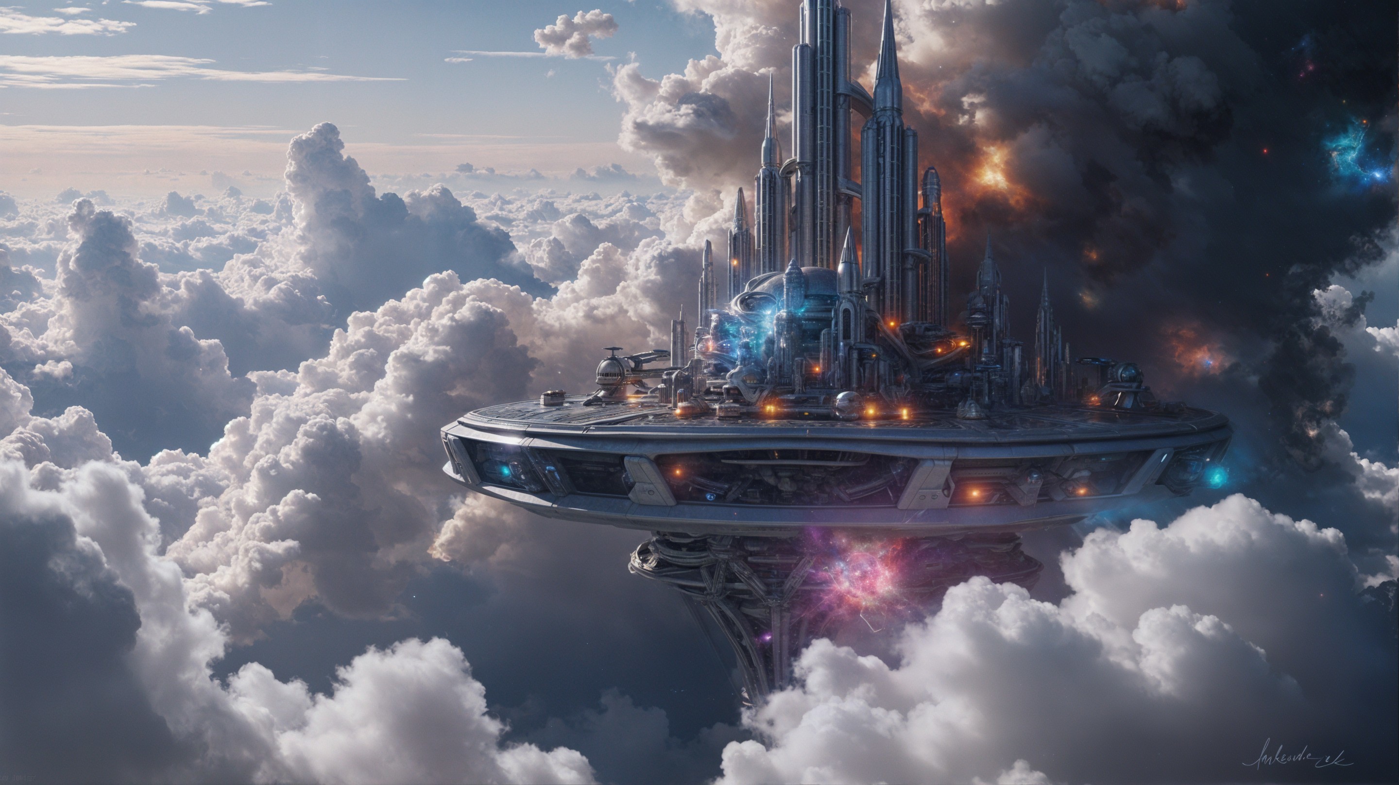 Futuristic Floating City Above the Clouds with Spires