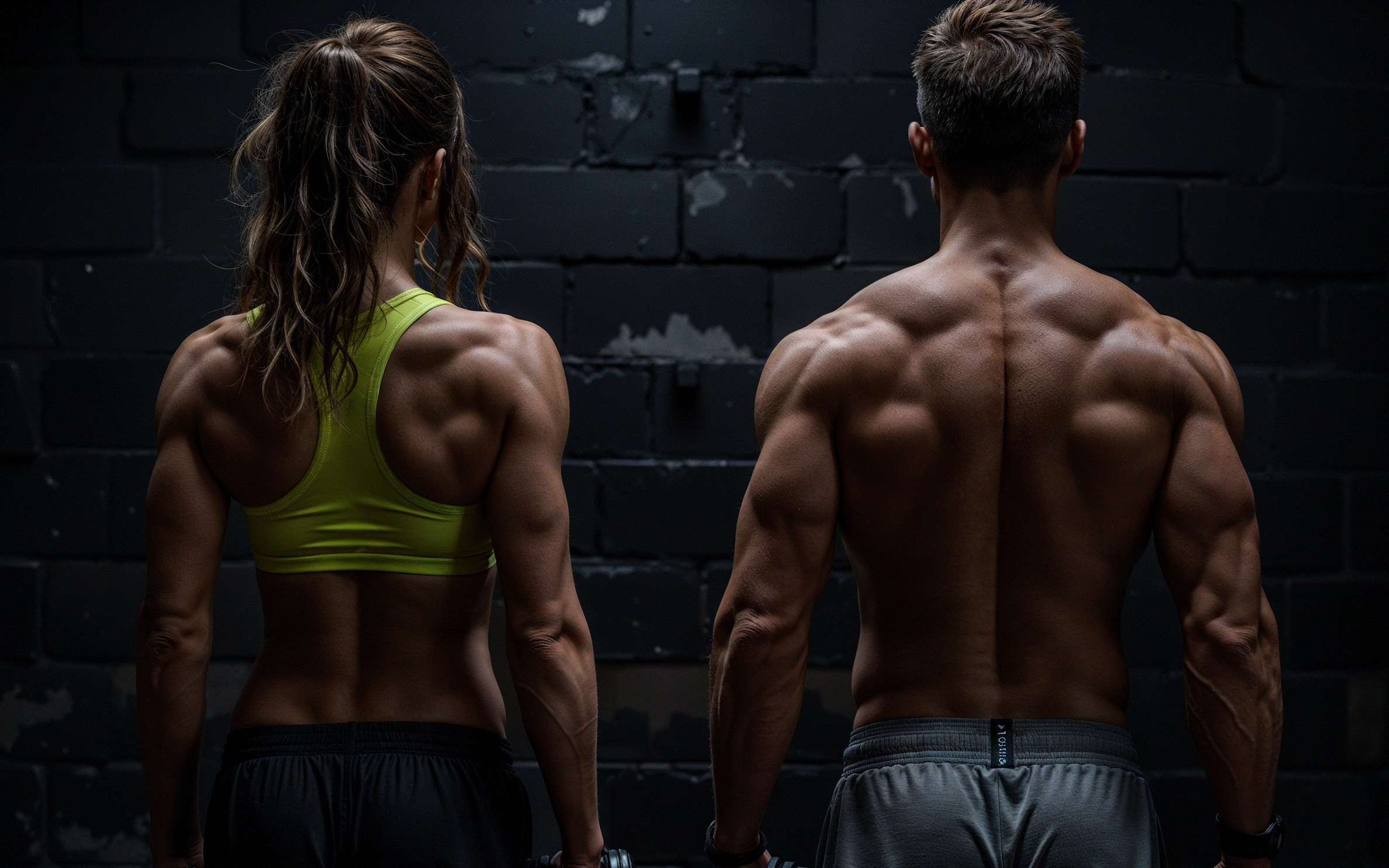 Athletes Showcasing Strength Against Dark Brick Wall