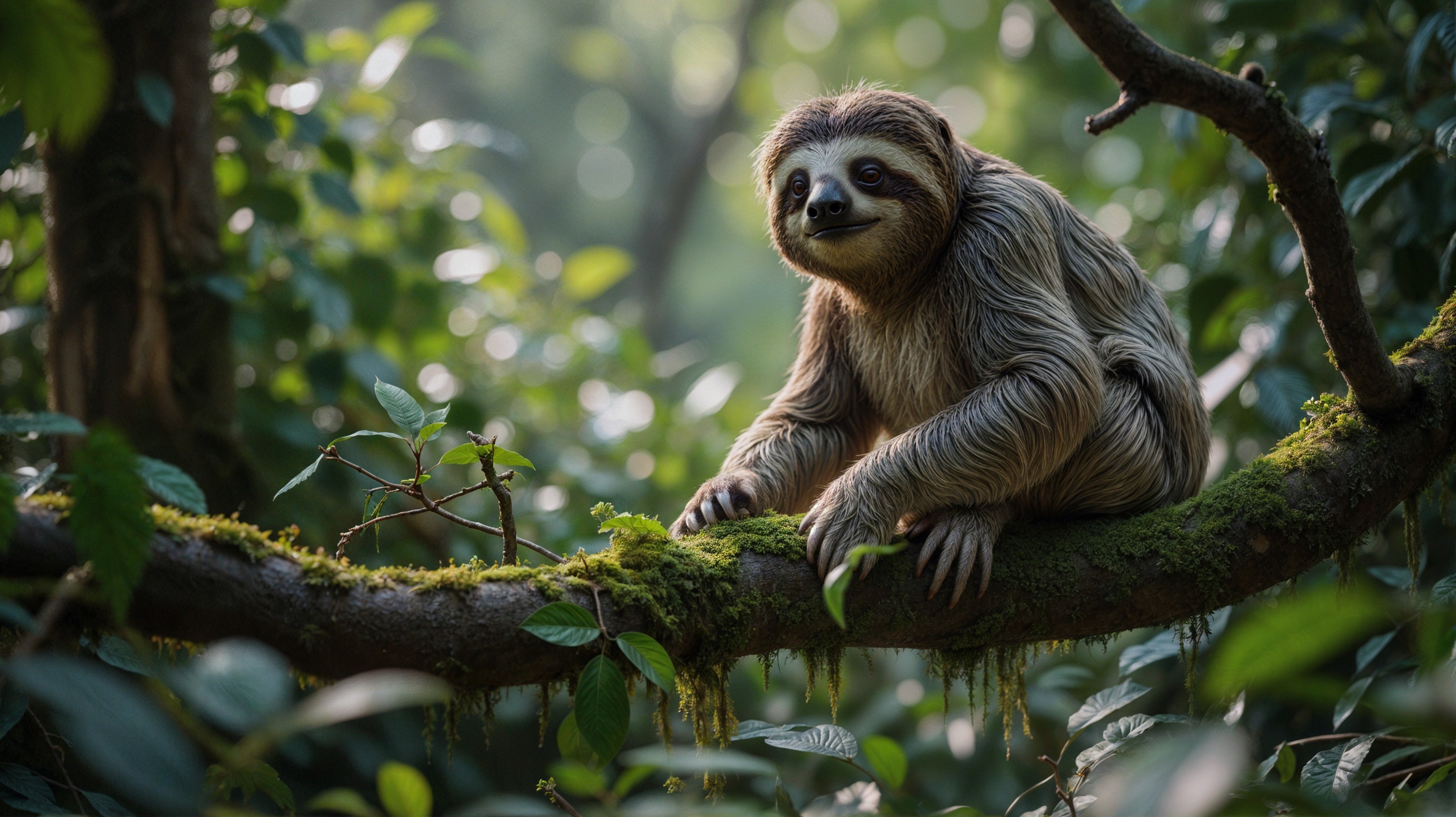 Serene Sloth on Moss-Covered Branch in Greenery