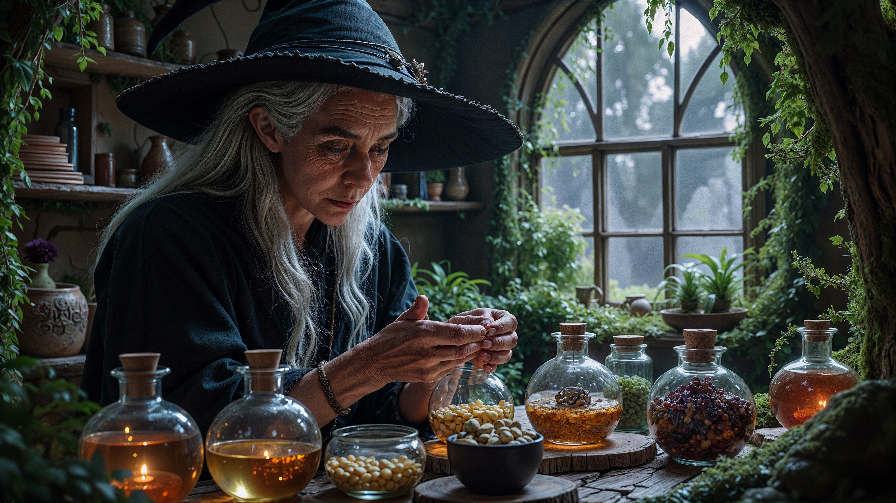 Elderly witch examines herbs in a mystical potion space