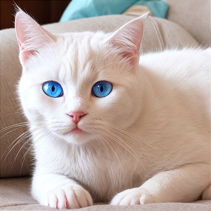 Fluffy White Cat Relaxing on Light-Colored Couch