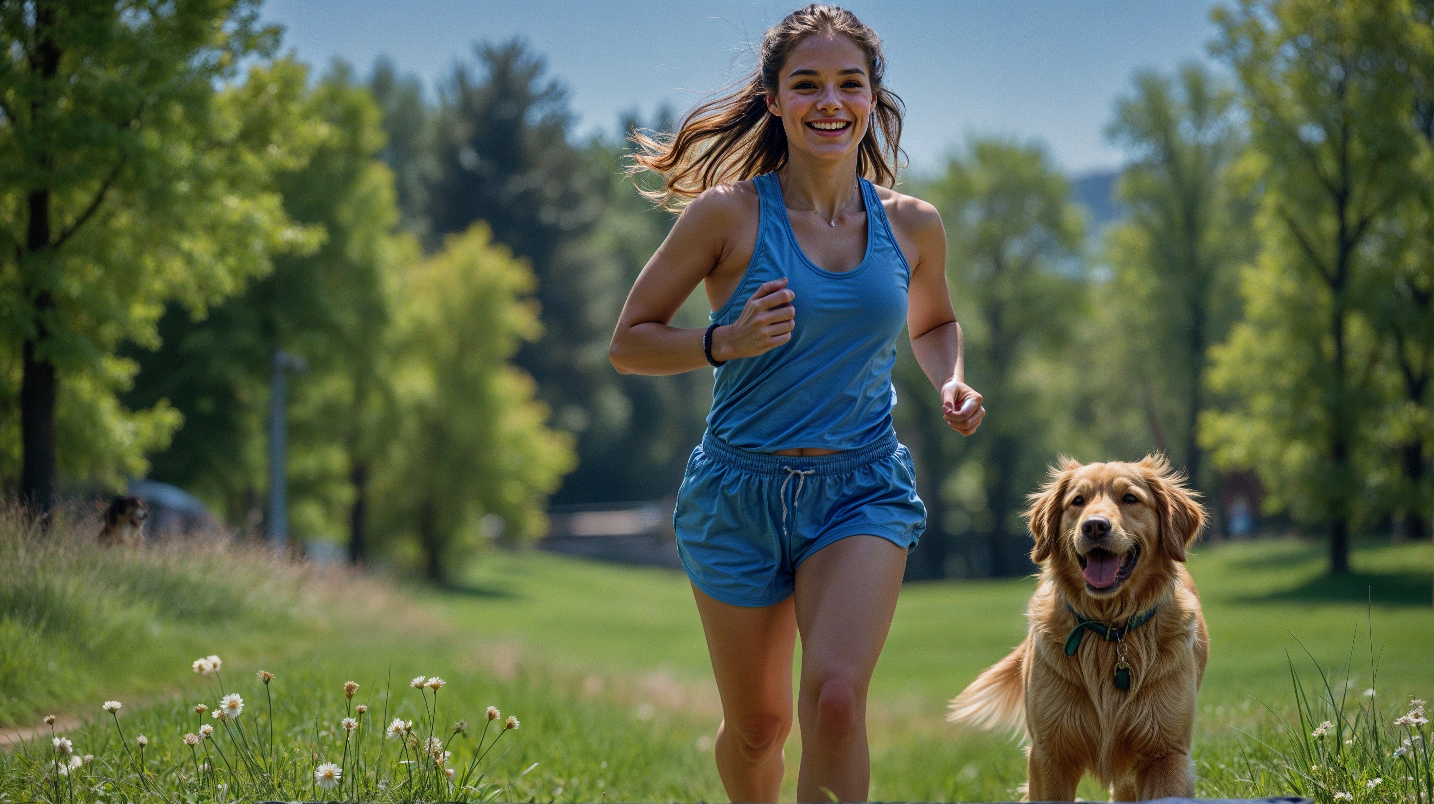 Young woman in blue outfit runs with golden retriever