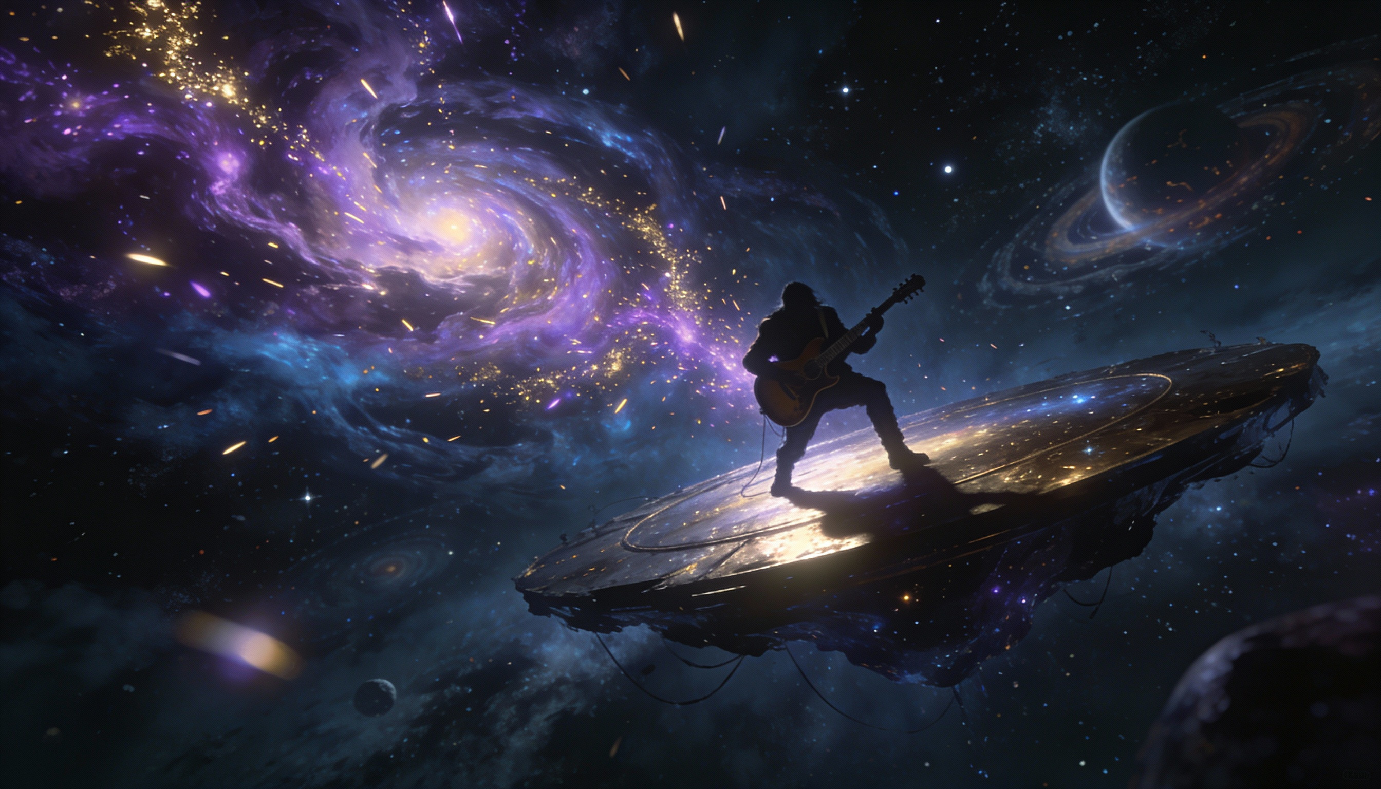Floating Spaceship Platform with Guitarist in Space Art