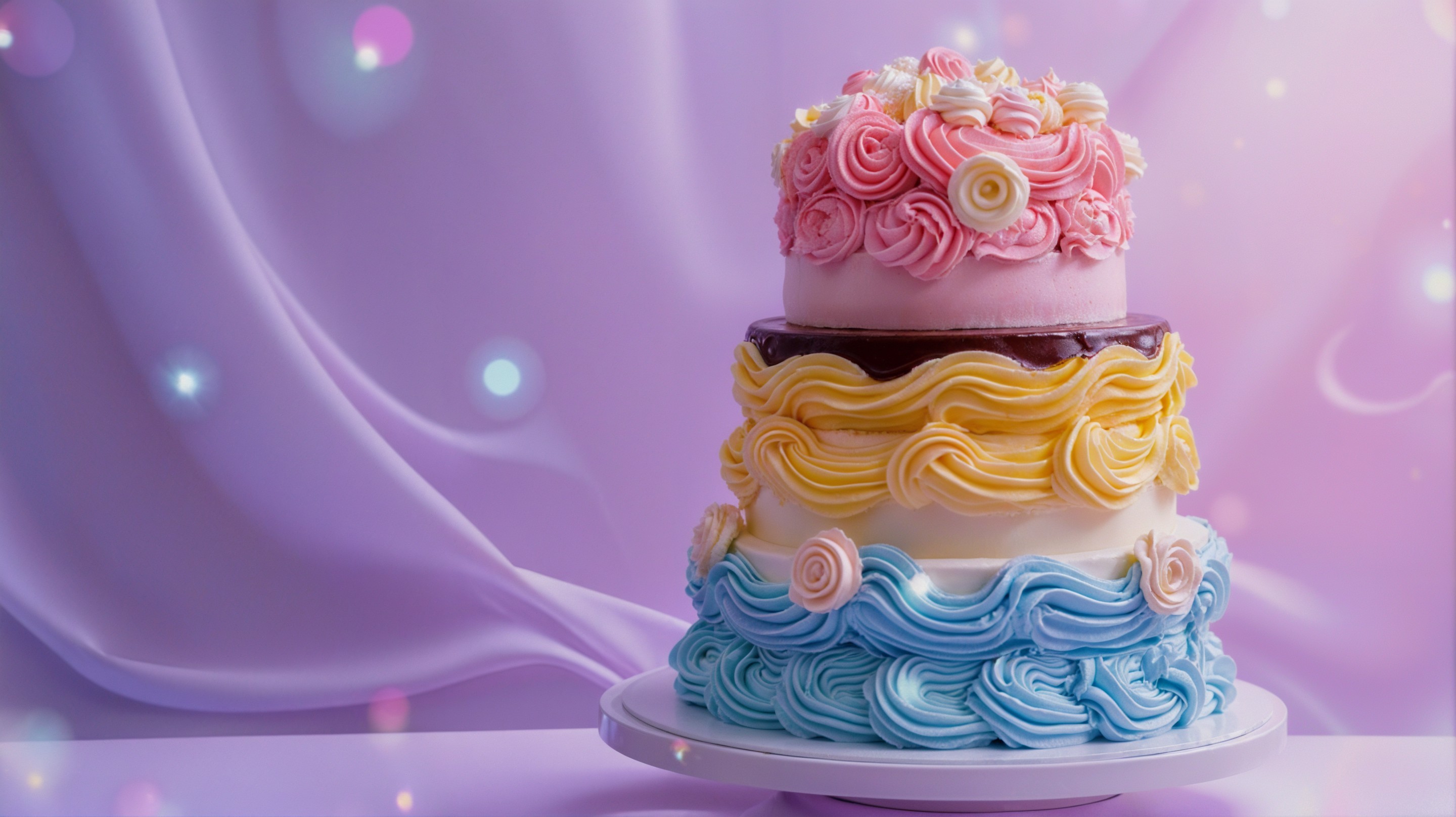 Three-layered cake in pink, yellow, and blue