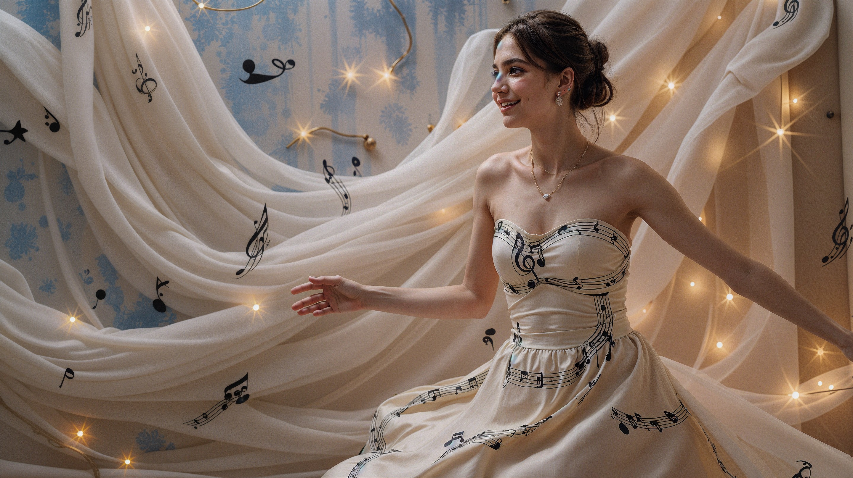 Young Woman in Musical Gown Against Enchanting Backdrop