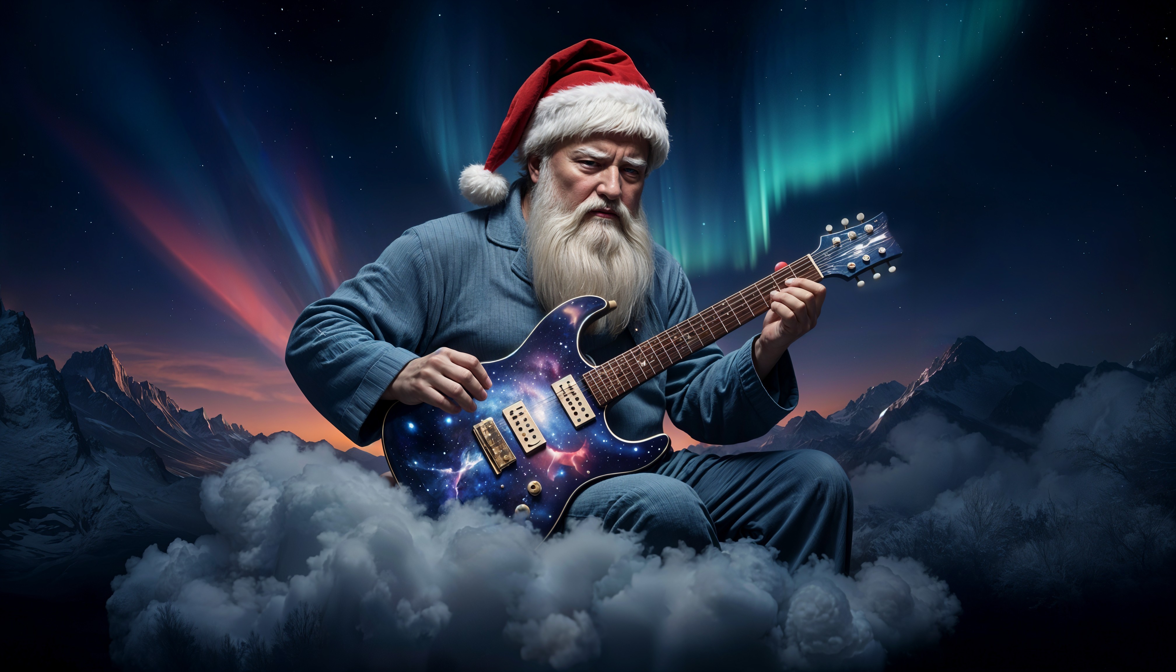 Old Man Playing Guitar on Cloud with Northern Lights