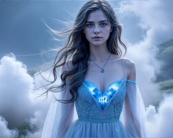 Young woman in blue gown among ethereal clouds