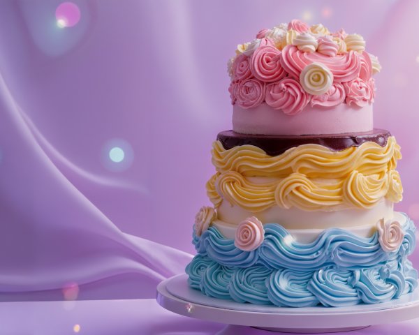 Pastel Tiered Cake with Icing and Decorative Elements