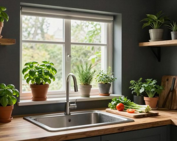Cozy Kitchen with Dark Gray Walls and Herb Plants