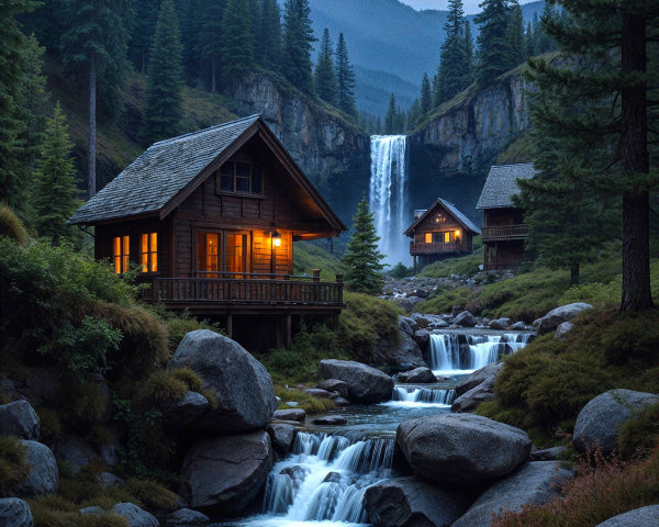 Rustic Cabins by Waterfall in Serene Mountain Setting