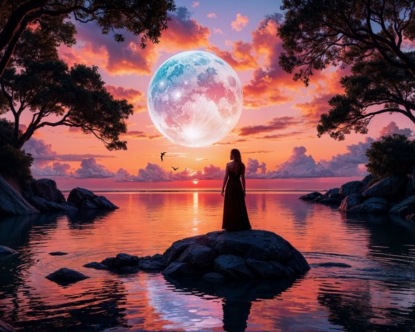 Twilight Landscape with Woman by Calm Water and Moon