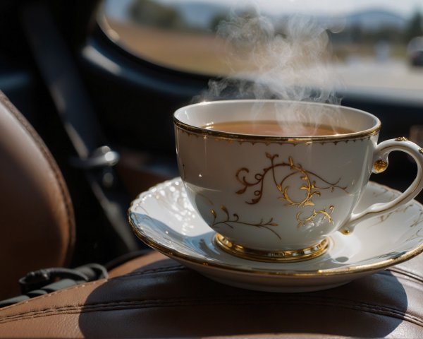 Ornate teacup with gold detailing on leather seat