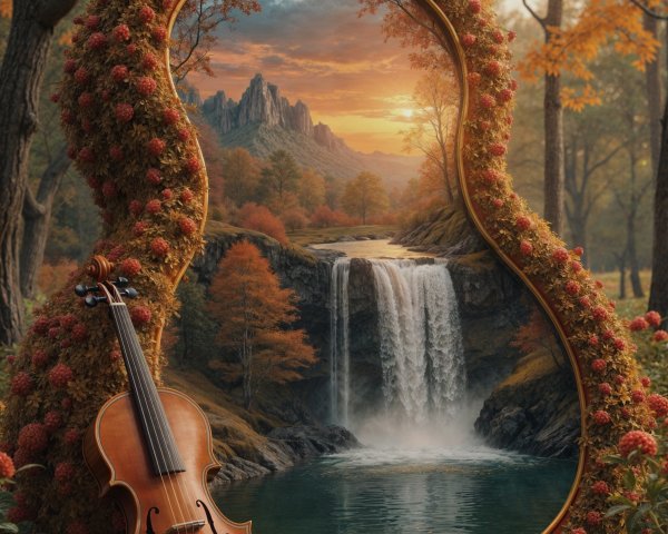 Guitar-Shaped Frame with Floral Landscape and Violin