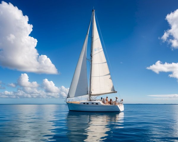 Sailboat on Calm Waters Under Blue Sky and Clouds