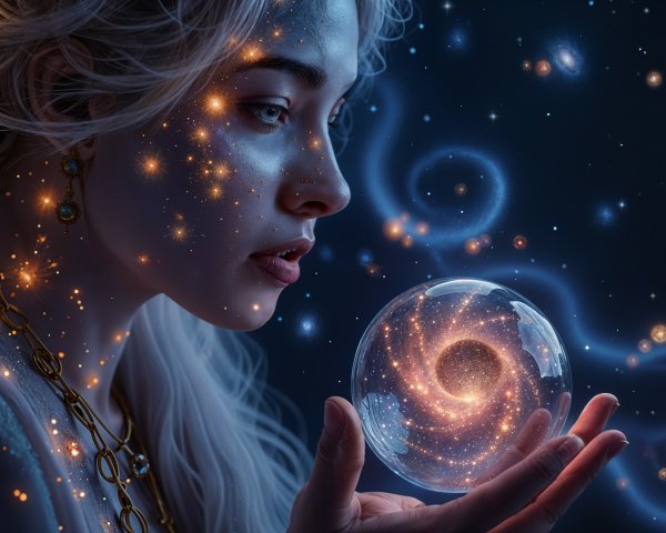 Young woman with cosmic patterns and crystal orb