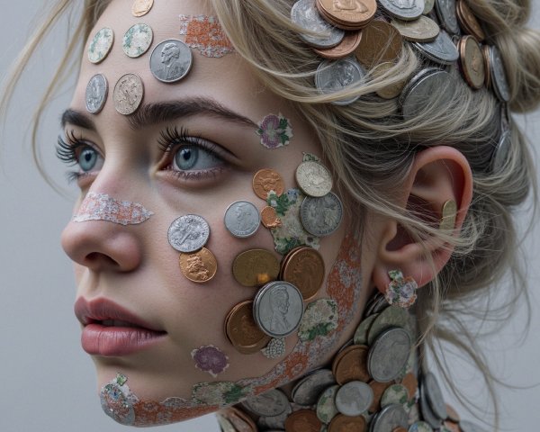 Young woman with blue eyes and coin decorations