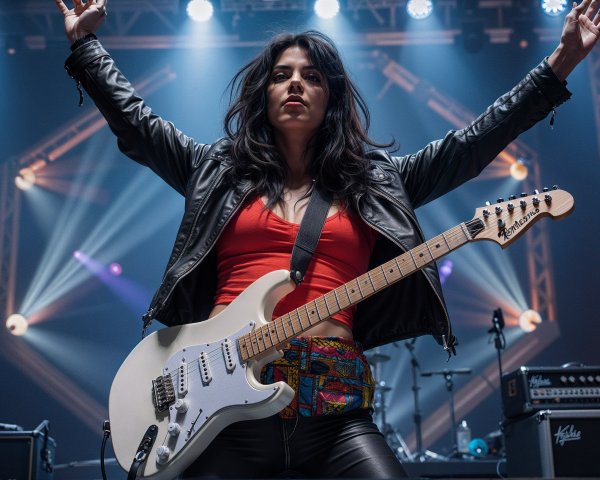 Energetic Female Guitarist in Black Jacket on Stage