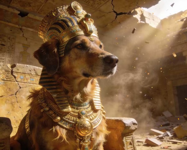 Long-Haired Dog in Pharaoh Headdress in Ancient Temple