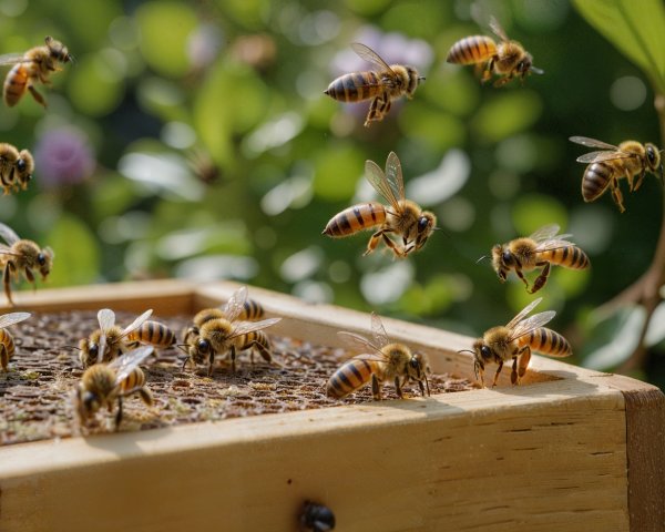 Bees Collecting Nectar Around a Wooden Beehive