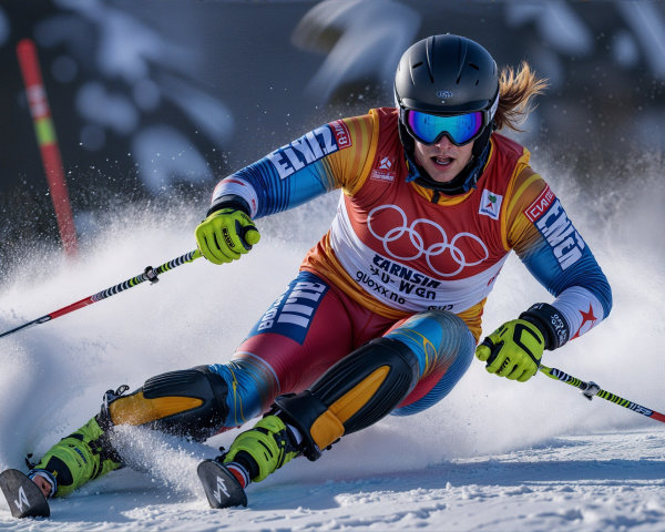 Skier in Olympic gear racing down snowy slope