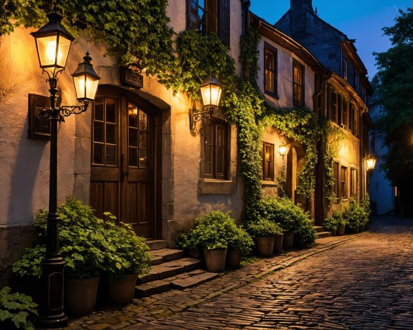 Charming Cobblestone Street with Ivy-Covered Buildings