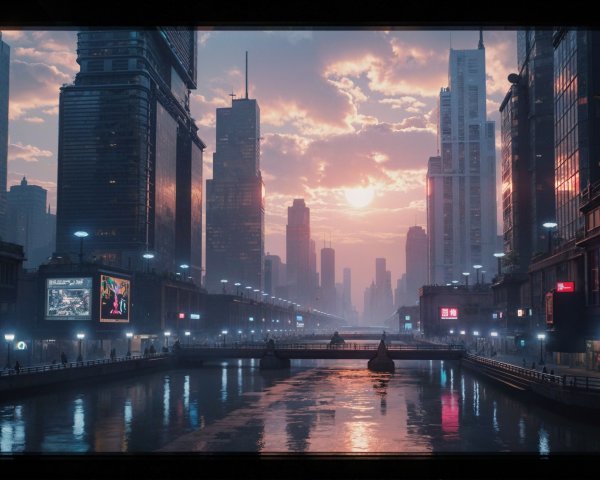 Futuristic cityscape at dusk with vibrant colors