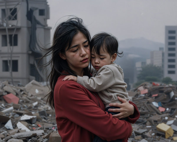 Woman and child amid rubble after a disaster
