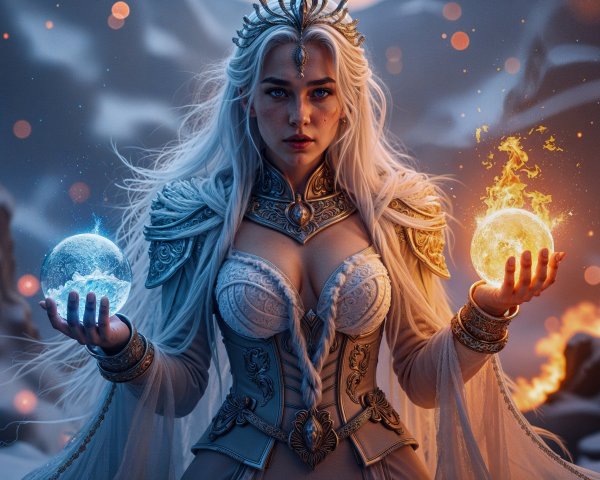 Majestic Figure with Ice and Fire Orbs in Landscape