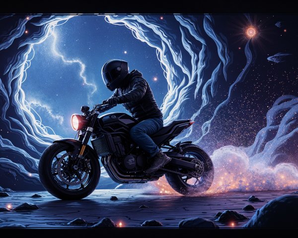 Motorcyclist Riding Through a Cosmic Portal Scene