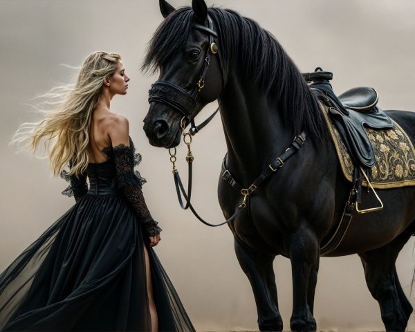 Woman in Black Gown with Majestic Black Horse