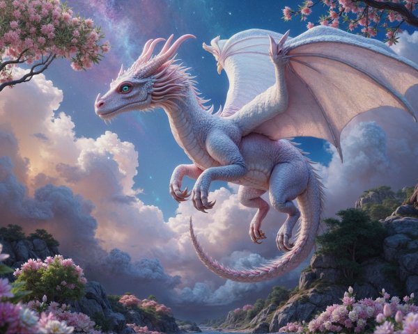 Majestic white dragon in a vibrant fantasy landscape