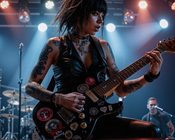 Female Guitarist Performing on Stage with Band