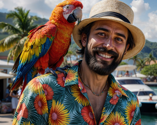 Man in Hawaiian shirt with macaw in sunny setting