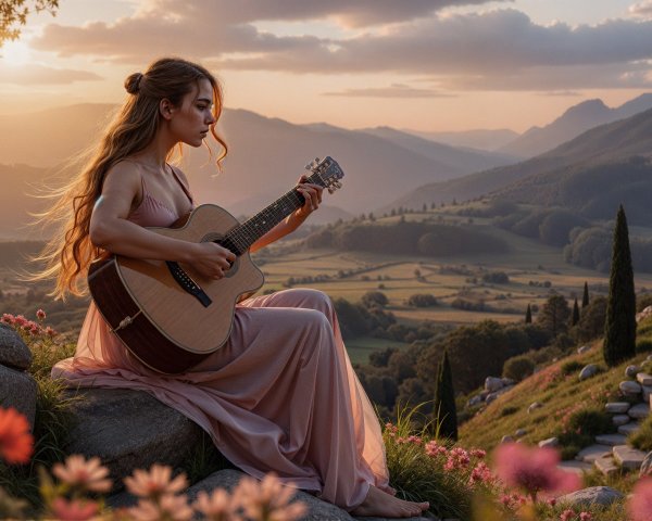 Young Woman in Pink Dress Playing Guitar at Sunset