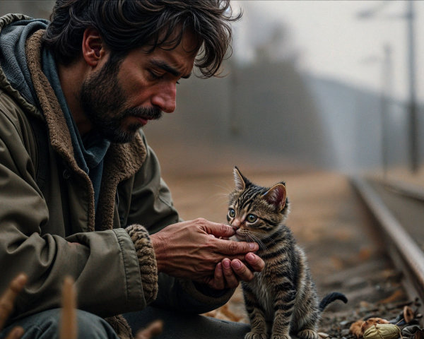 Man Feeding Kitten by Old Railway Tracks in Autumn