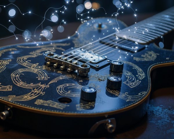 Detailed Electric Guitar with Golden Motifs and Lights