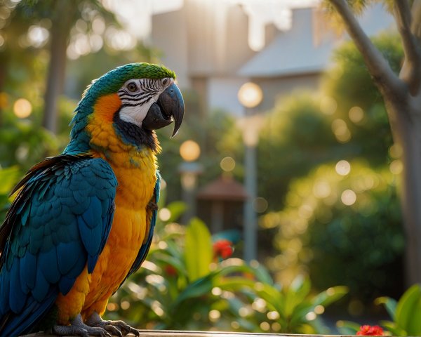 Blue-and-yellow macaw perched in a lush garden setting