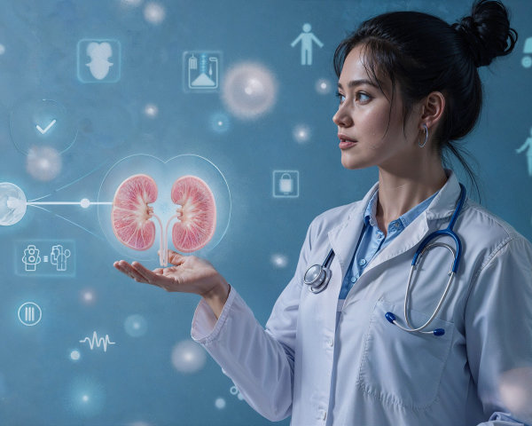 Healthcare Professional with 3D Kidney Model and Icons