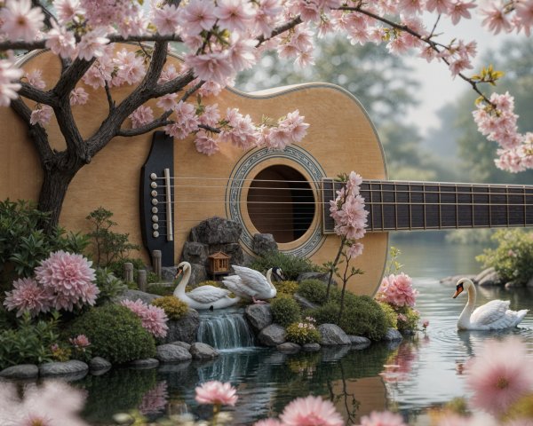 Serene Landscape with Guitar and Cherry Blossoms