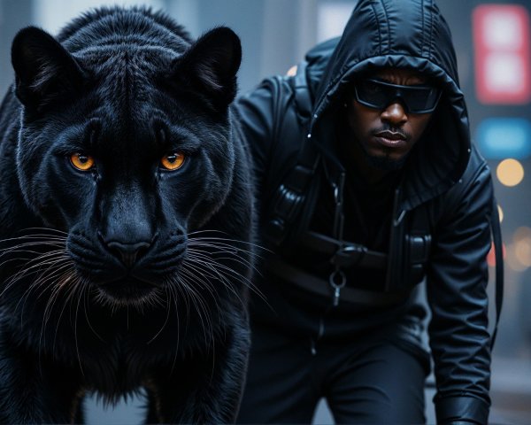 Black Panther and Man in Urban Setting with Skyscrapers