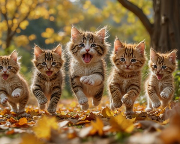 Five Tabby Kittens Running Through Autumn Leaves