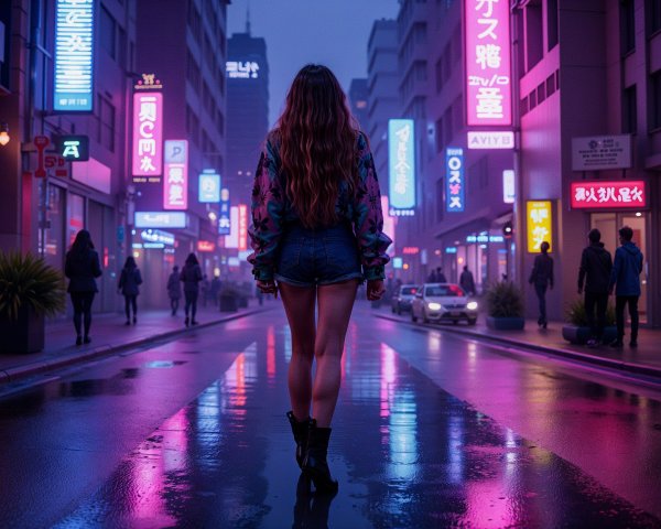 Woman in Neon Street with Vibrant Reflections