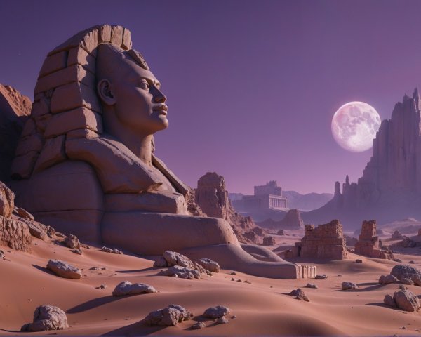 Colossal sphinx in surreal desert landscape at night