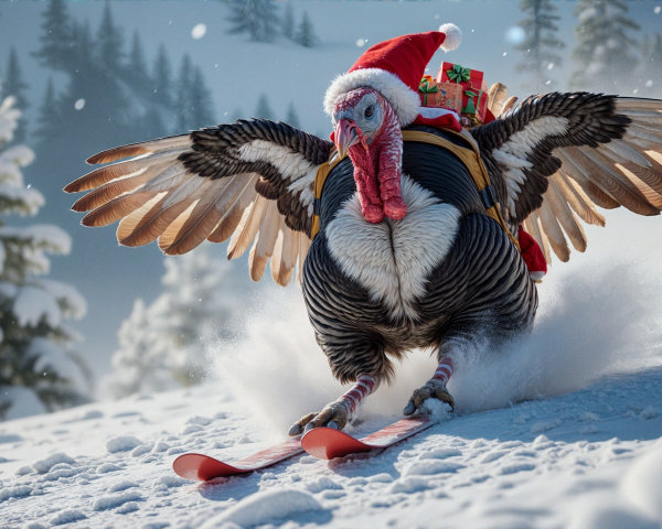 Turkey in Santa Hat Skiing in a Snowy Landscape