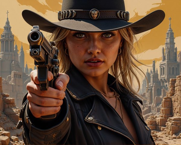 Confident Woman in Leather Jacket in Dramatic Landscape