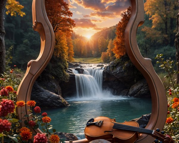 Guitar Frame Showcasing Forest Waterfall Landscape