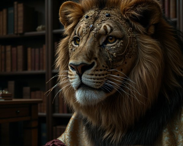 Regal lion with golden jewelry in a lavish library