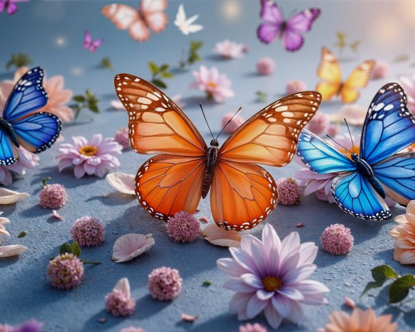 Colorful Butterflies Above Blooming Flower Bed