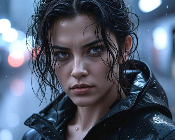 Close-up of a woman with wet hair and dramatic lighting