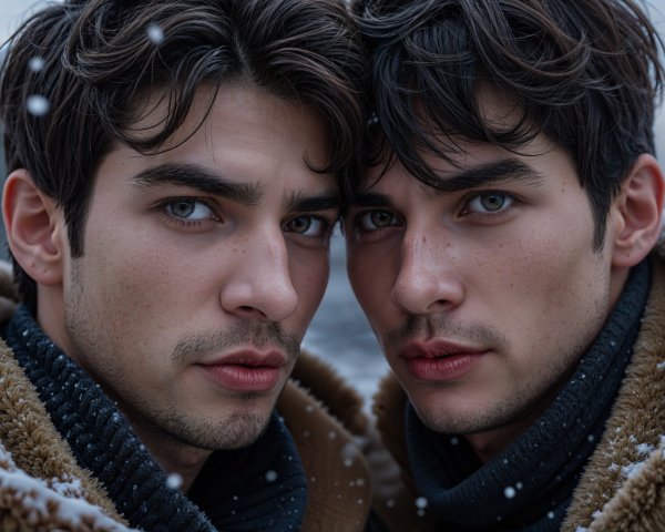 Young men in cozy outerwear against snowy backdrop